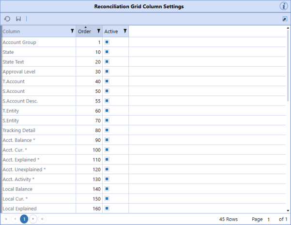 The Reconciliation Grid Column Settings page is a grid with a blue heading and white background.