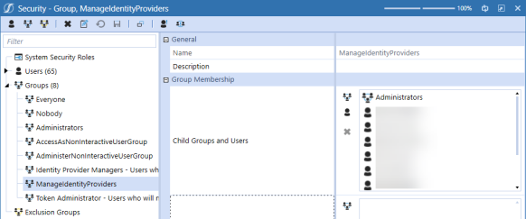 The Security group page has a grid with row headings that have a blue background with blue text and can be expanded to display fields with a white background and black text. This example displays the users and groups in the Child Groups and Users field.