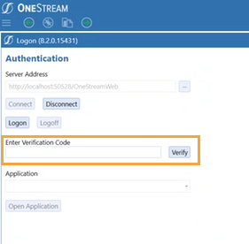The Logon screen has a blue Authentication heading at the top with a server address below in a rectangular field. There is a rectangular field labeled Enter Verification Code with a blue button to the right of it labeled Verify. The field and button are highlighted in this example. There is also an Application drop-down menu that is a rectangle with a black down arrow.