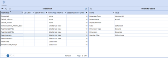 In the Selector List table, the selected parameter is highlighted and outlined in blue. Parameter details are displayed in a grid in the right window.