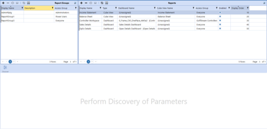 Gray text Perform Discovery of Parameters displays under the Report Groups and Reports windows.