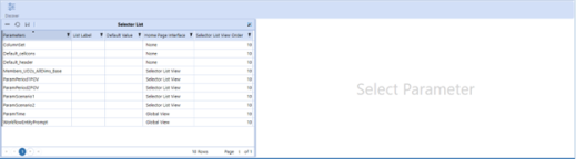A grid lists parameters in the Selector List table. In the right window, Select Parameter displays in gray text.