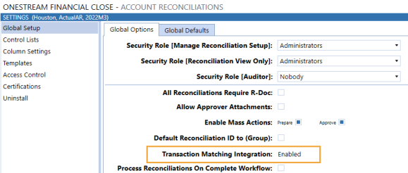 The Global Options tab displays options that are selected with a drop-down menu or a check box. The option for Transaction Matching Integration is enabled.